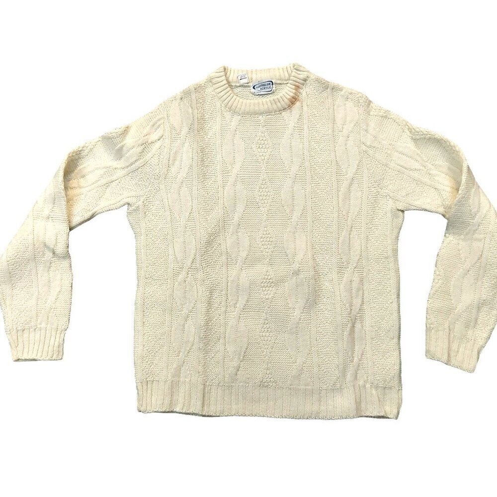 Vintage 1940s-1950s Cream Cable Knit Long Sleeve Crewneck Sweater Medium